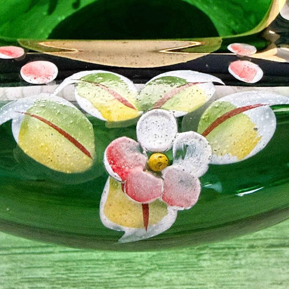 Vintage Trinket Dish/Ashtray Czech Blown Glass Green Hand painted Flowers - Picture 3 of 4